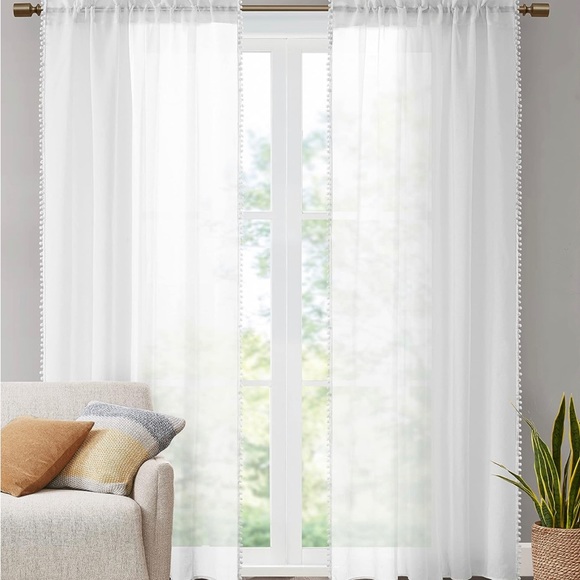 HYDE LANE Set of 2! Pom Pom White Sheer Curtains for Living Room 84 Inches Long - Picture 2 of 6